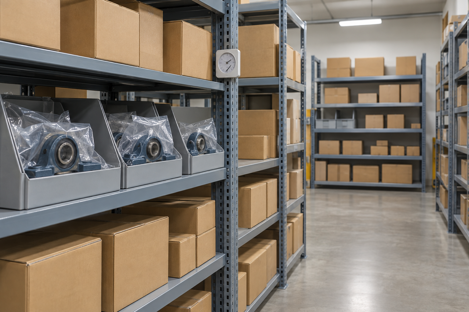Clean indoor shelves holding sealed cartons and packaged mounted bearing units above the floor