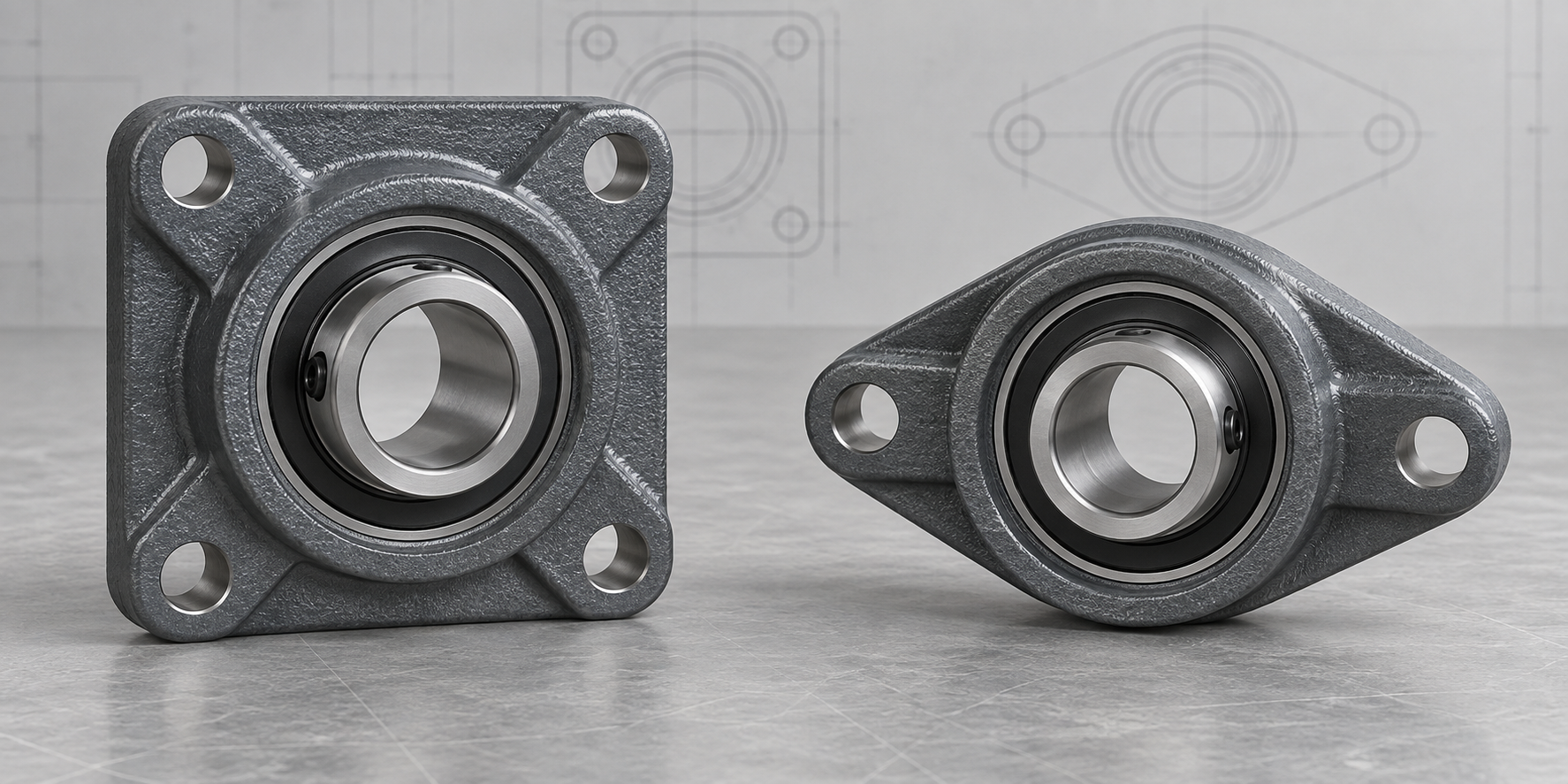 Concept comparison of a square four-bolt UCF-style housing and an oval two-bolt UCFL-style housing.